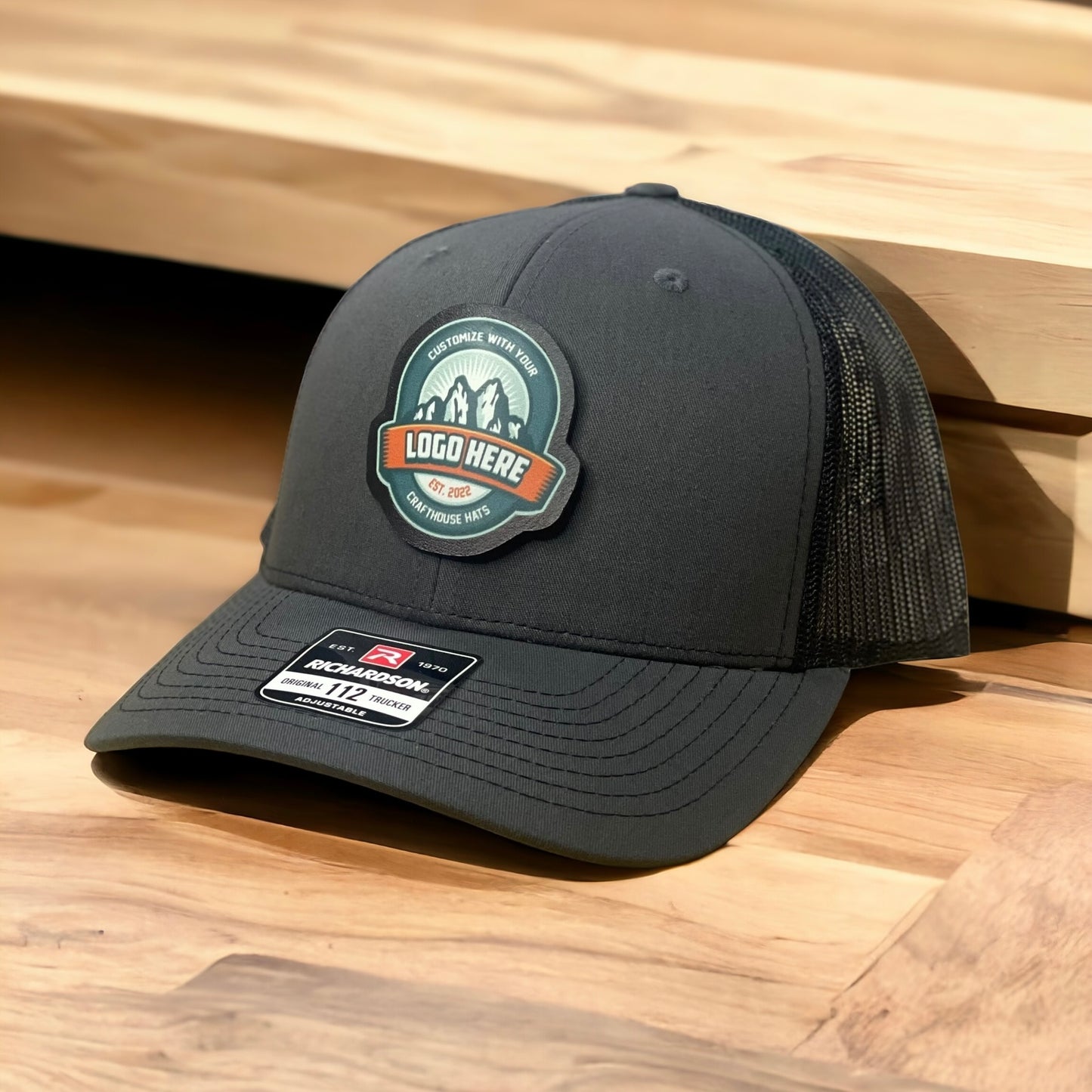 Full Color Leather Patch Hats - Crafthouse Hats leather patch hat company. Custom leather patch hats, also available in bulk or wholesale. Custom leather logo hats, custom leather hats, custom patch hats, leather logo hats, custom leather patches, custom logo leather hats, Richardson leather patch hats, Richardson 112 camo hats, yupoong camo trucker hats, leather hat patches, custom camo hats, leather hat, leather patch for hats, legacy hats, custom party hats, personalized camo hats, custom leather patches